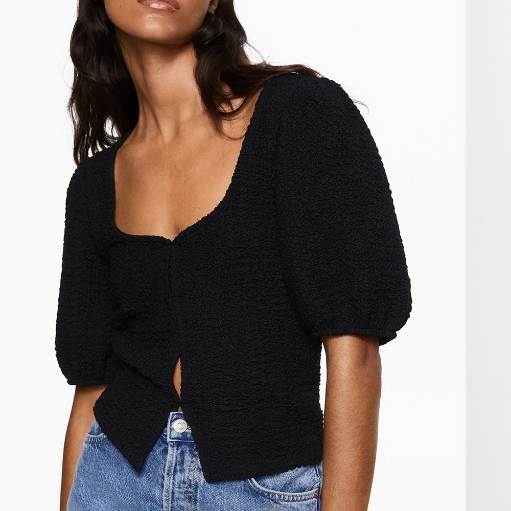 Mango Black Textured Puff Sleeve Blouse